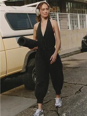 FP Movement by Free People Hot Shot Deep V-Neck Jumpsuit in Black
